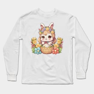 Anime Easter Bunny Girl In Basket. Spring Rainbow Flowers and Easter Eggs Long Sleeve T-Shirt